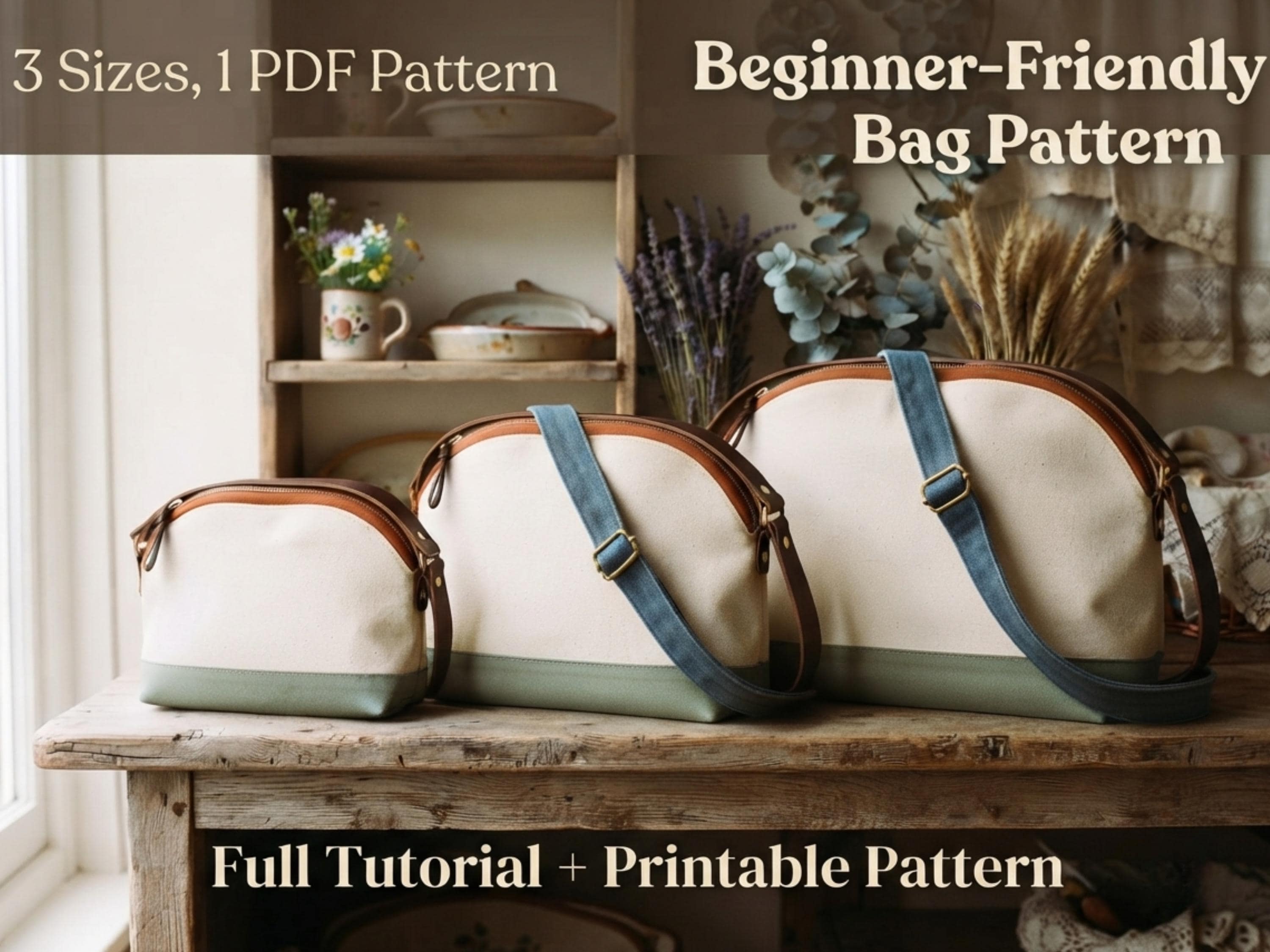 Curved Top Shoulder Bag Sewing Pattern, Zip Top Purse PDF, Adjustable Strap Handbag Tutorial, S M L Sizes, Digital Download