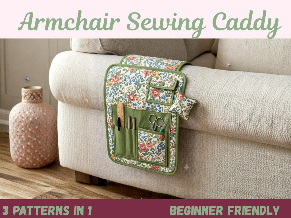 Armchair Sewing Caddy Pattern PDF, Sofa Arm Organizer, Pincushion & Thread Catcher Bundle of 3, Sewing Room Caddy, Beginner Pattern