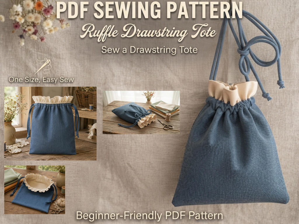 Ruffle Drawstring Tote Sewing Pattern, Beginner Summer Bag Tutorial (Digital Download)