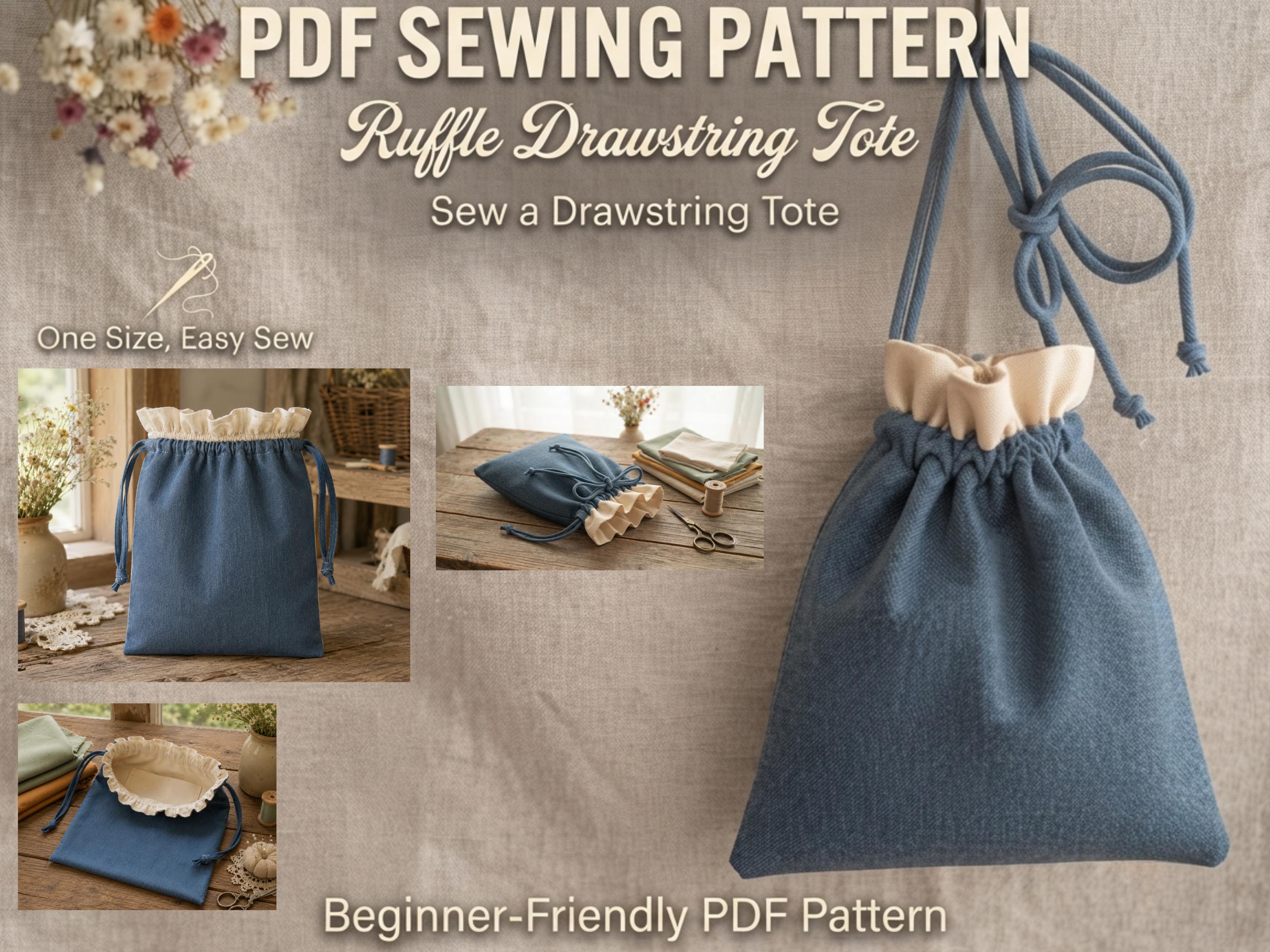 Ruffle Drawstring Tote Sewing Pattern, Beginner Summer Bag Tutorial (Digital Download)