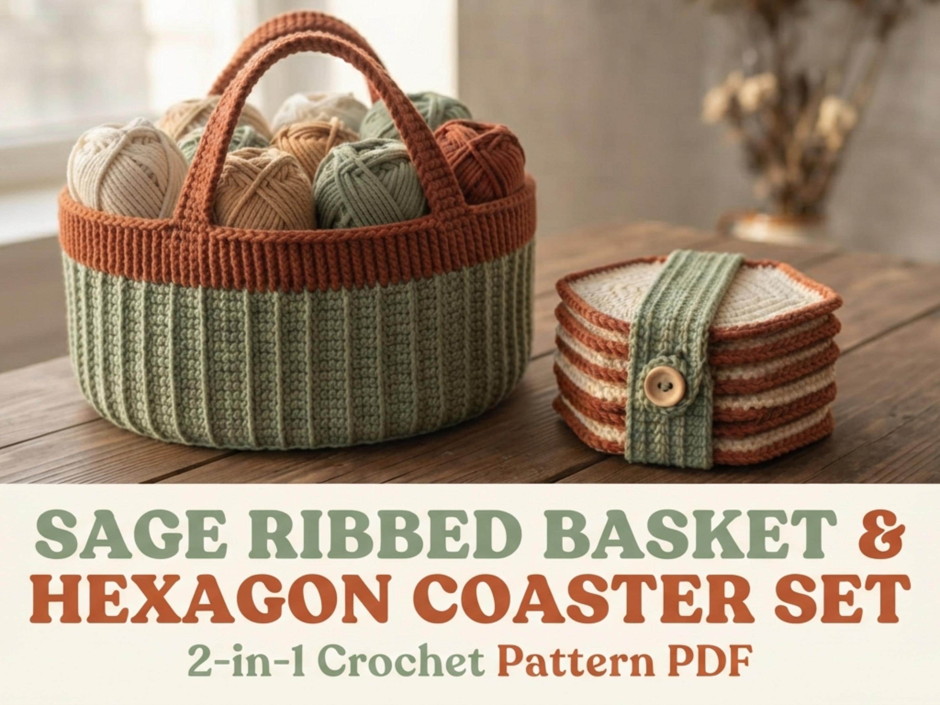 Crochet Basket & Coaster Set Pattern, Ribbed Texture, Hexagon Coasters (PDF Download)
