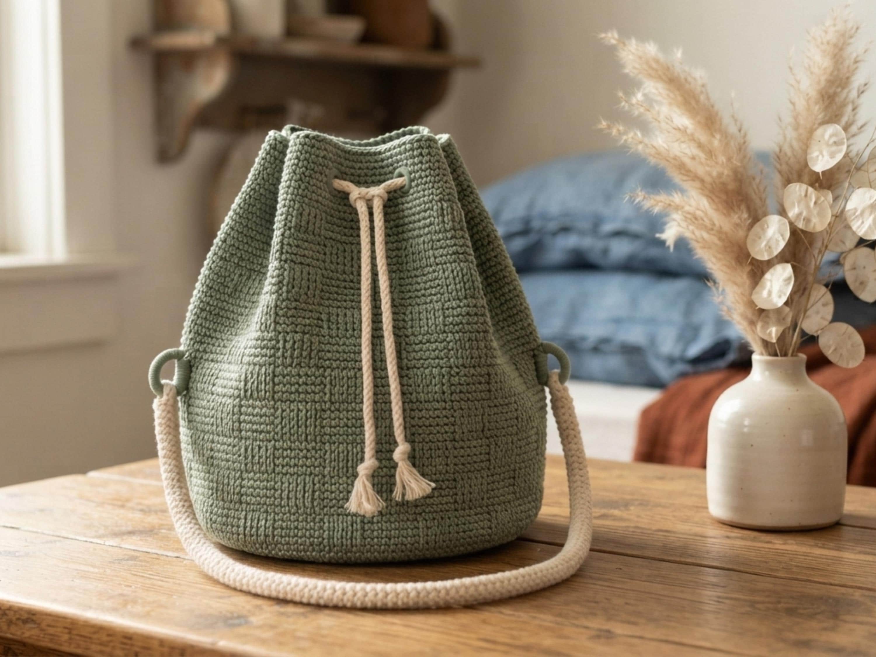 Sage Linen Stitch Hobo Bag Crochet Pattern, Beginner Friendly Drawstring Tutorial (PDF Download)