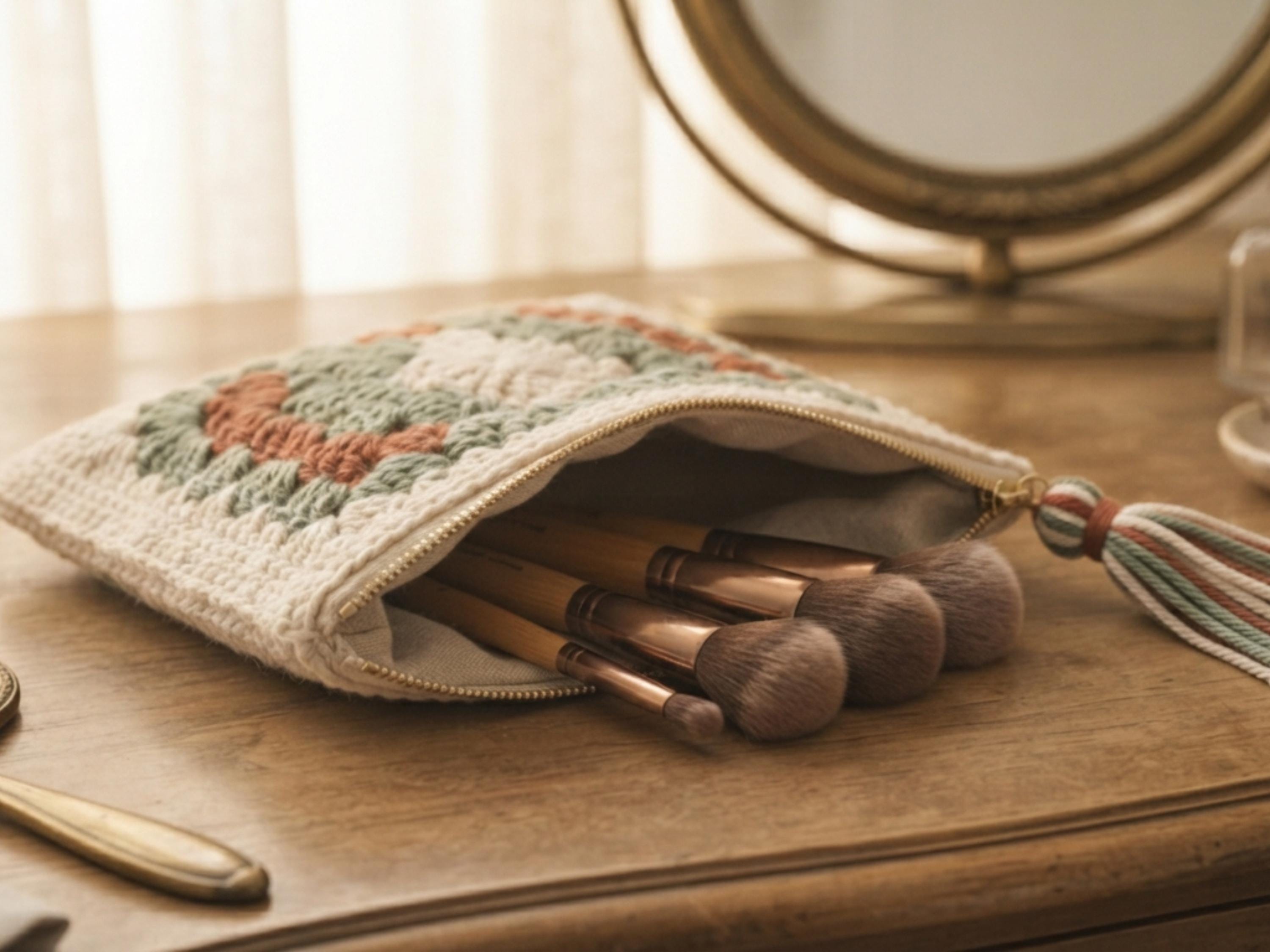 Granny Square Zip Pouch Crochet Pattern PDF, Makeup Bag Tutorial, Beginner Crochet Purse
