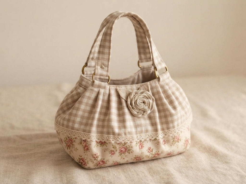 RETIREMENT SALE *Gingham Lace Rosette Tote Bag Sewing Pattern PDF, Romantic Gathered Bag Tutorial, Cottage Style Handbag