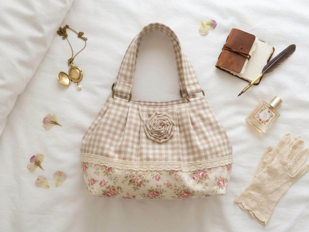 RETIREMENT SALE *Gingham Lace Rosette Tote Bag Sewing Pattern PDF, Romantic Gathered Bag Tutorial, Cottage Style Handbag
