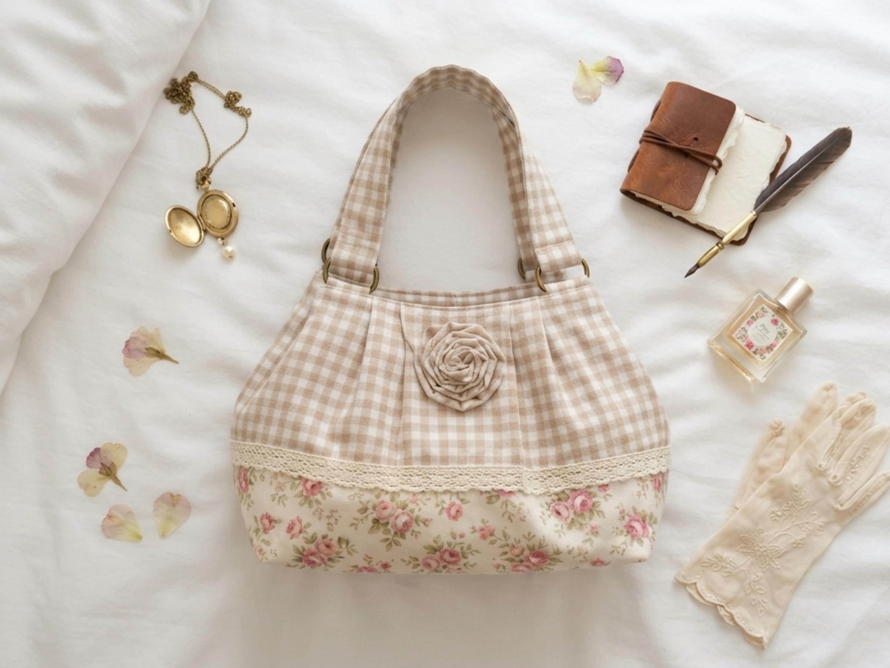 RETIREMENT SALE *Gingham Lace Rosette Tote Bag Sewing Pattern PDF, Romantic Gathered Bag Tutorial, Cottage Style Handbag