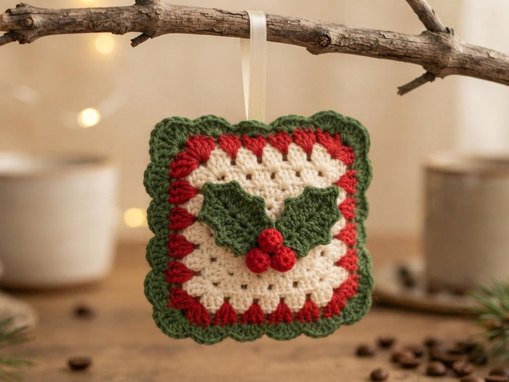 Holly Berries Granny Square Crochet Pattern PDF – Coaster, Afghan Block & Ornament Bundle Instant Download