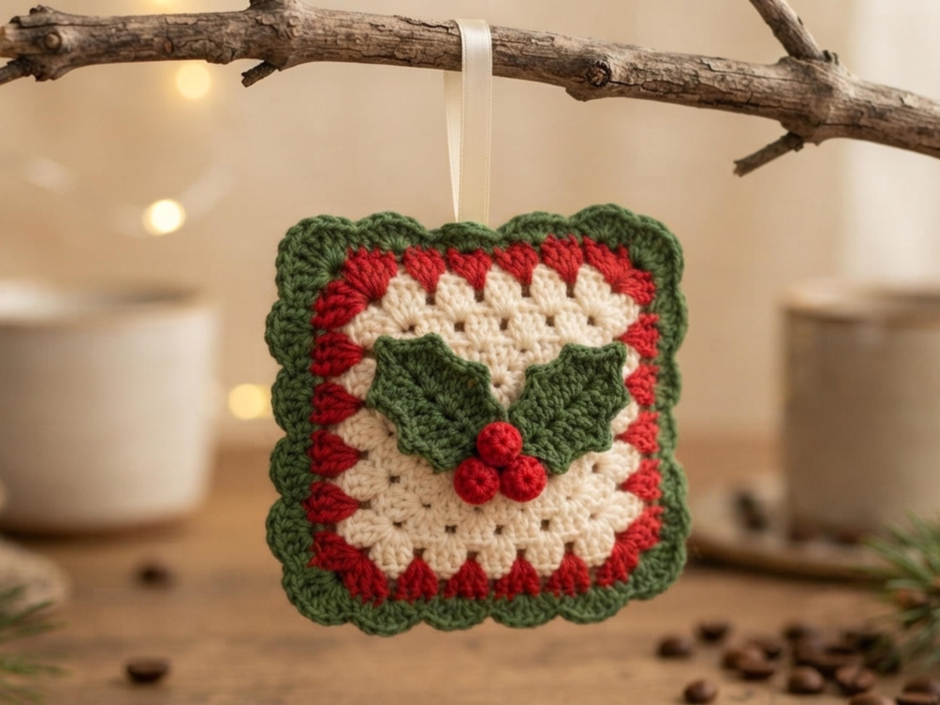 Holly Berries Granny Square Crochet Pattern PDF – Coaster, Afghan Block & Ornament Bundle Instant Download