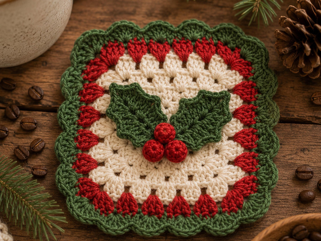 Holly Berries Granny Square Crochet Pattern PDF – Coaster, Afghan Block & Ornament Bundle Instant Download