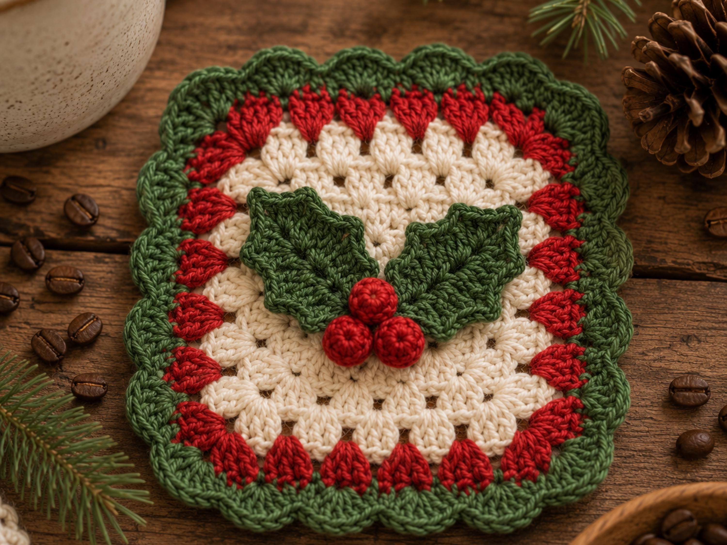 Holly Berries Granny Square Crochet Pattern PDF – Coaster, Afghan Block & Ornament Bundle Instant Download