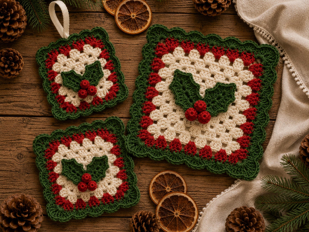 Holly Berries Granny Square Crochet Pattern PDF – Coaster, Afghan Block & Ornament Bundle Instant Download