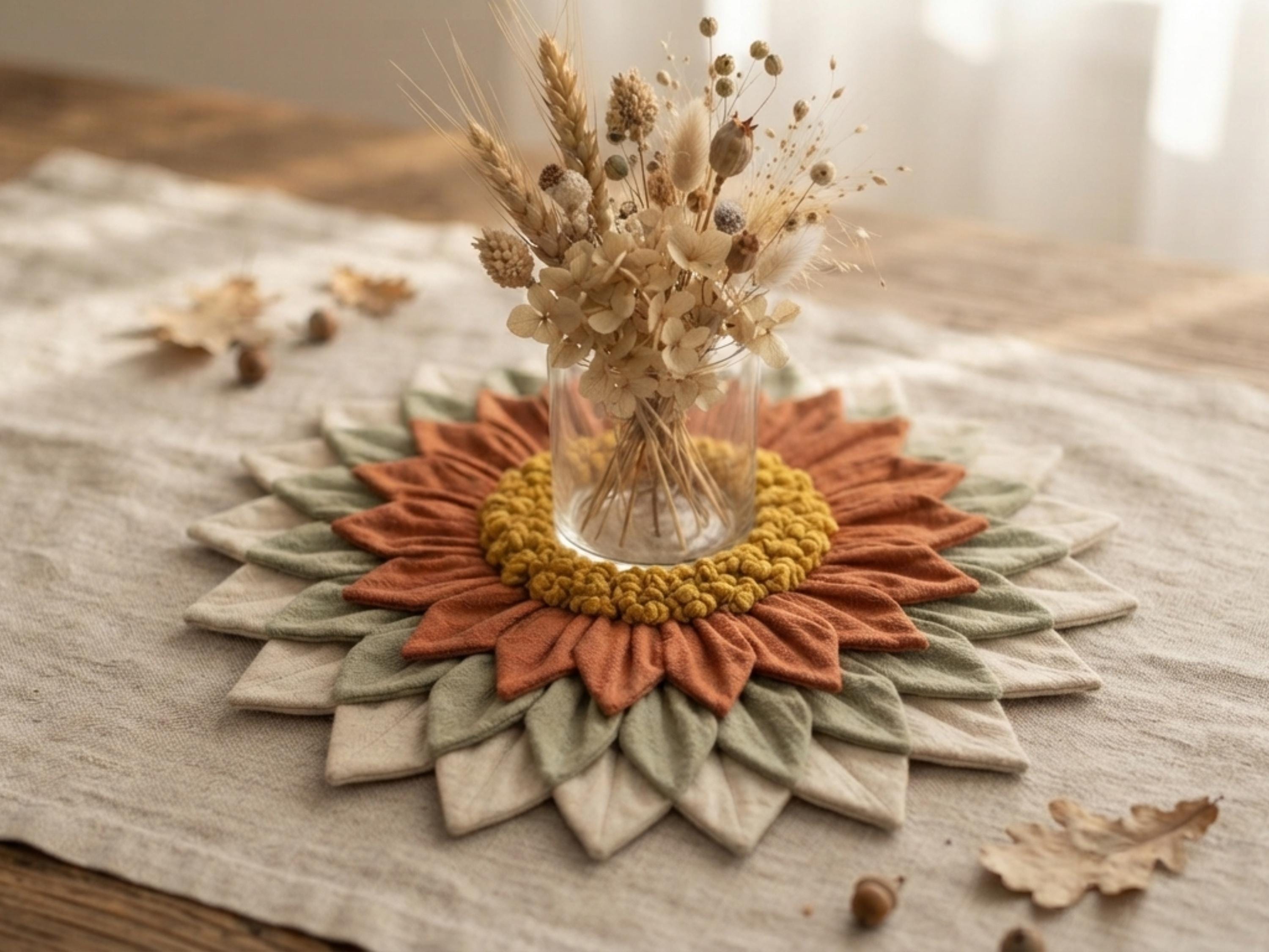 Farmhouse Sunflower Candle Mat Sewing Pattern PDF Folded Fabric Table Topper No Sew Petal Tutorial Digital Download Dahlia Style