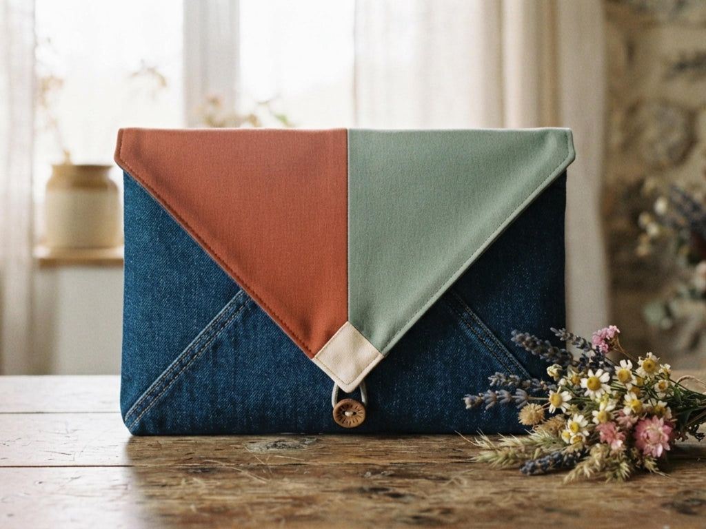 Denim Tote Sewing Pattern PDF Envelope Clutch Pennant Patchwork Flap Farmhouse Bag Digital Download