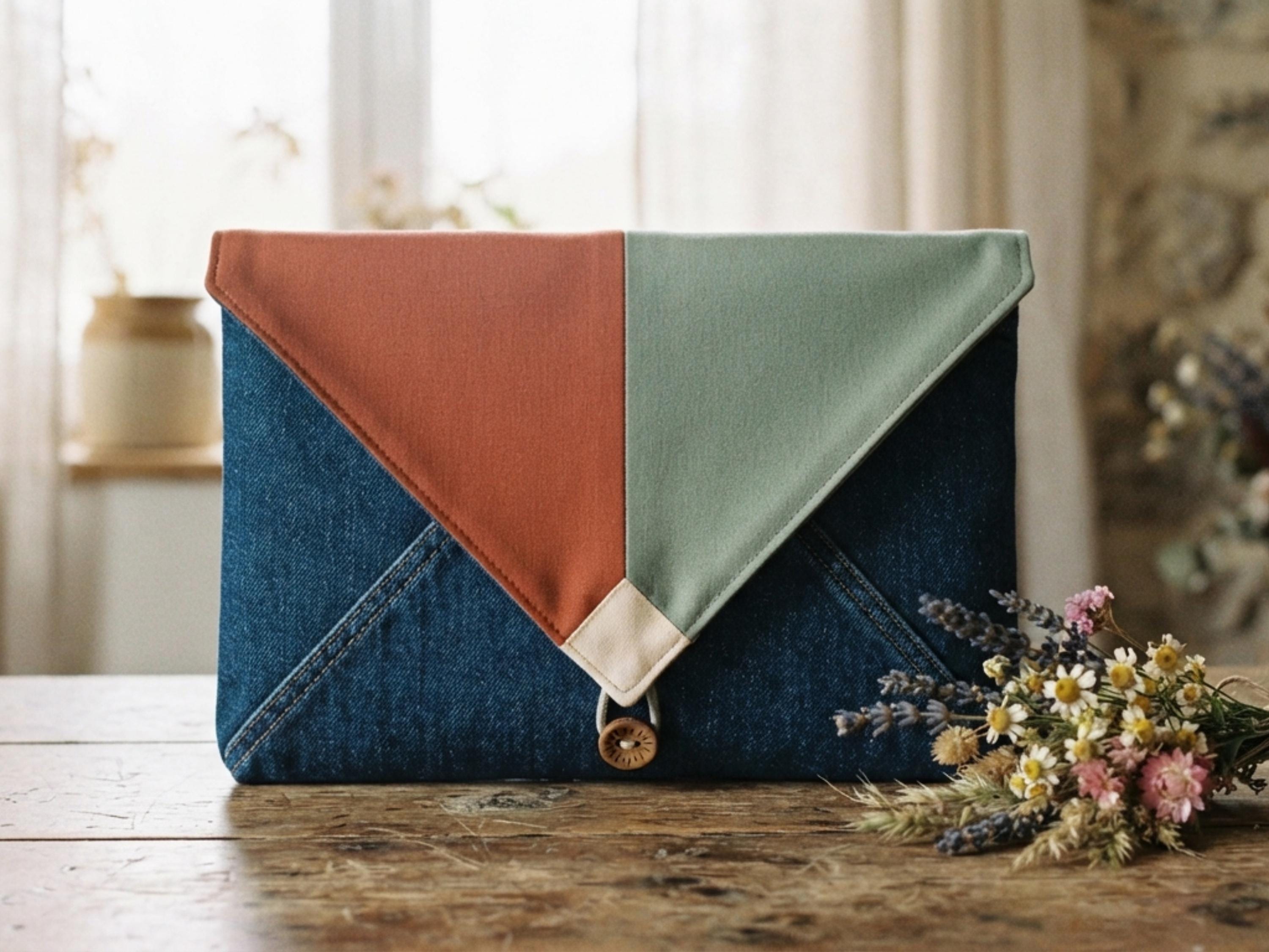 Denim Tote Sewing Pattern PDF Envelope Clutch Pennant Patchwork Flap Farmhouse Bag Digital Download