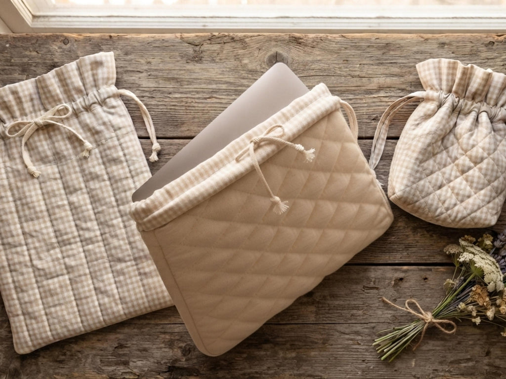 Quilted Ruffle Drawstring Sewing Pattern Set, Book Sleeve, Laptop Pouch (Digital Download)
