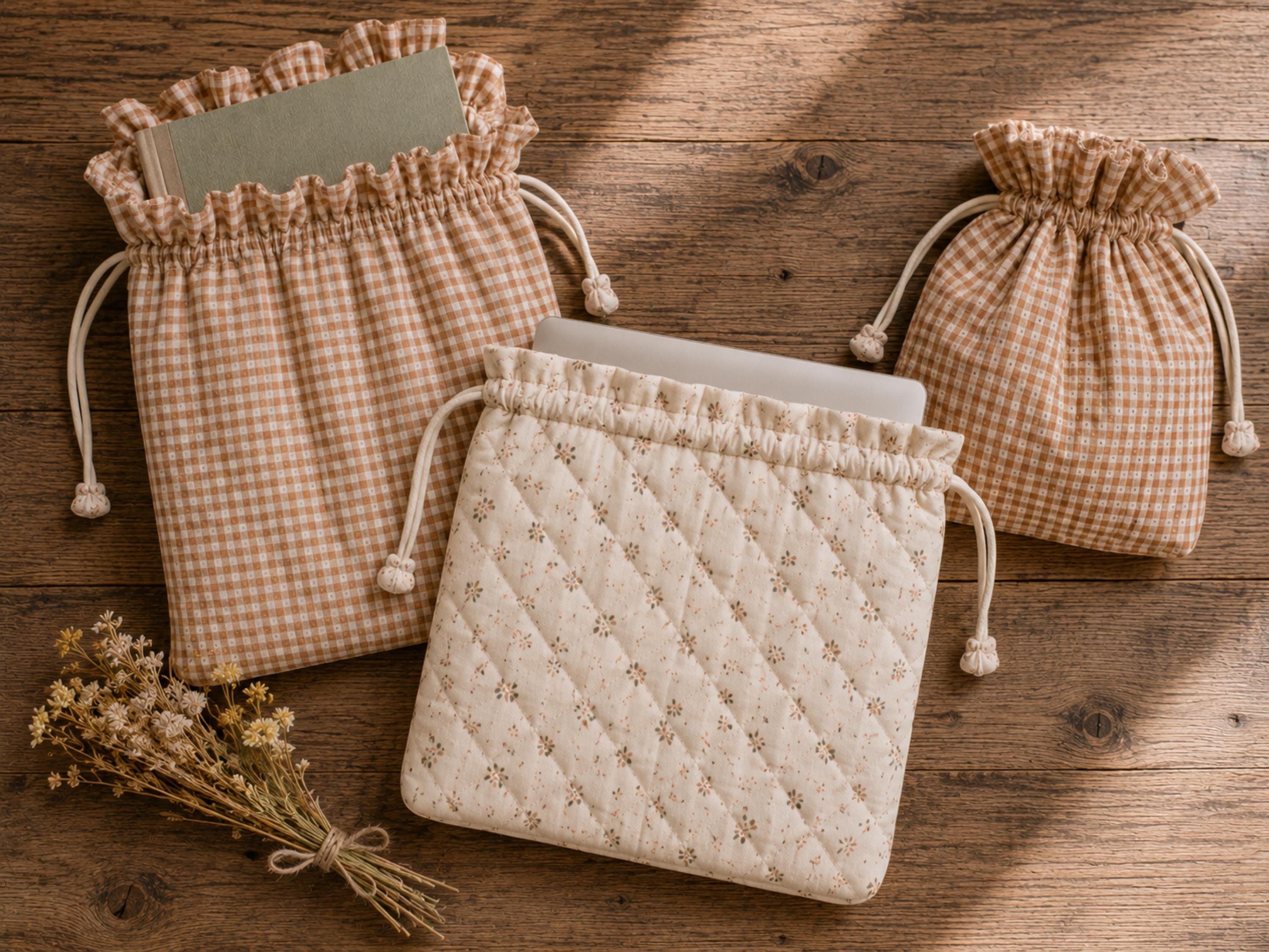 Quilted Ruffle Drawstring Sewing Pattern Set, Book Sleeve, Laptop Pouch (Digital Download)
