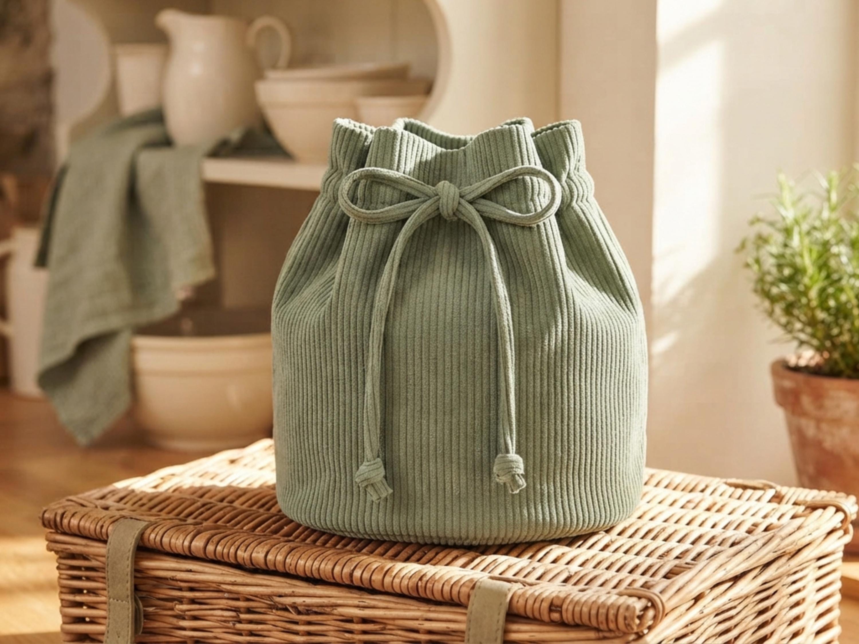 Corduroy Bucket Bag Sewing Pattern: Beginner Drawstring Tote (PDF Download)