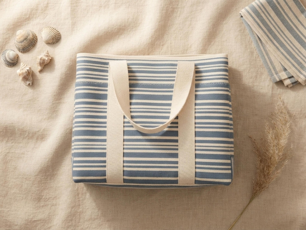 Beach Bag Tote Sewing Pattern, PDF Boxed Tote with Handles, Striped Beach Tote Pattern, Original Bag Pattern, Beginner Sewing Project