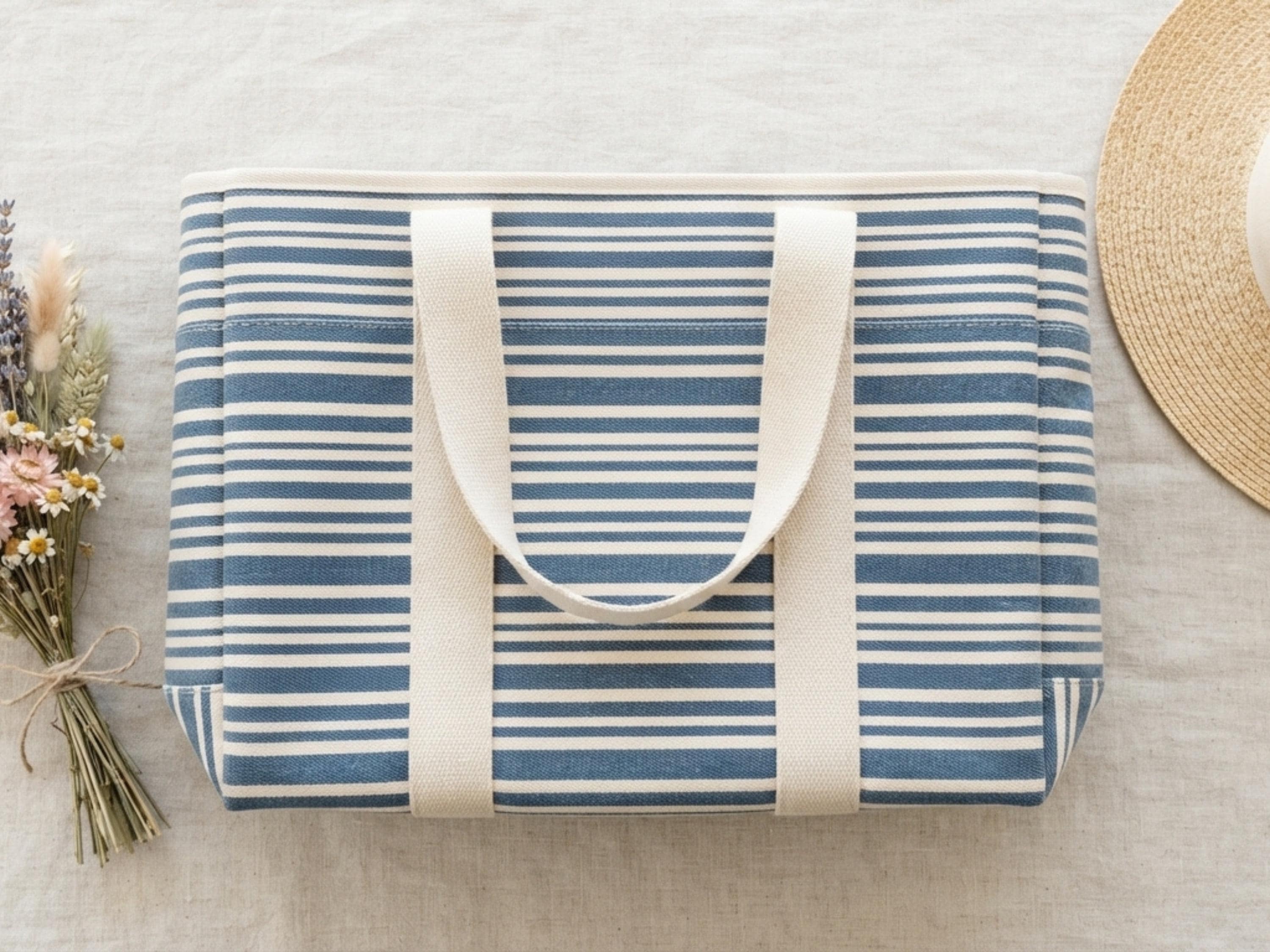 Beach Bag Tote Sewing Pattern, PDF Boxed Tote with Handles, Striped Beach Tote Pattern, Original Bag Pattern, Beginner Sewing Project