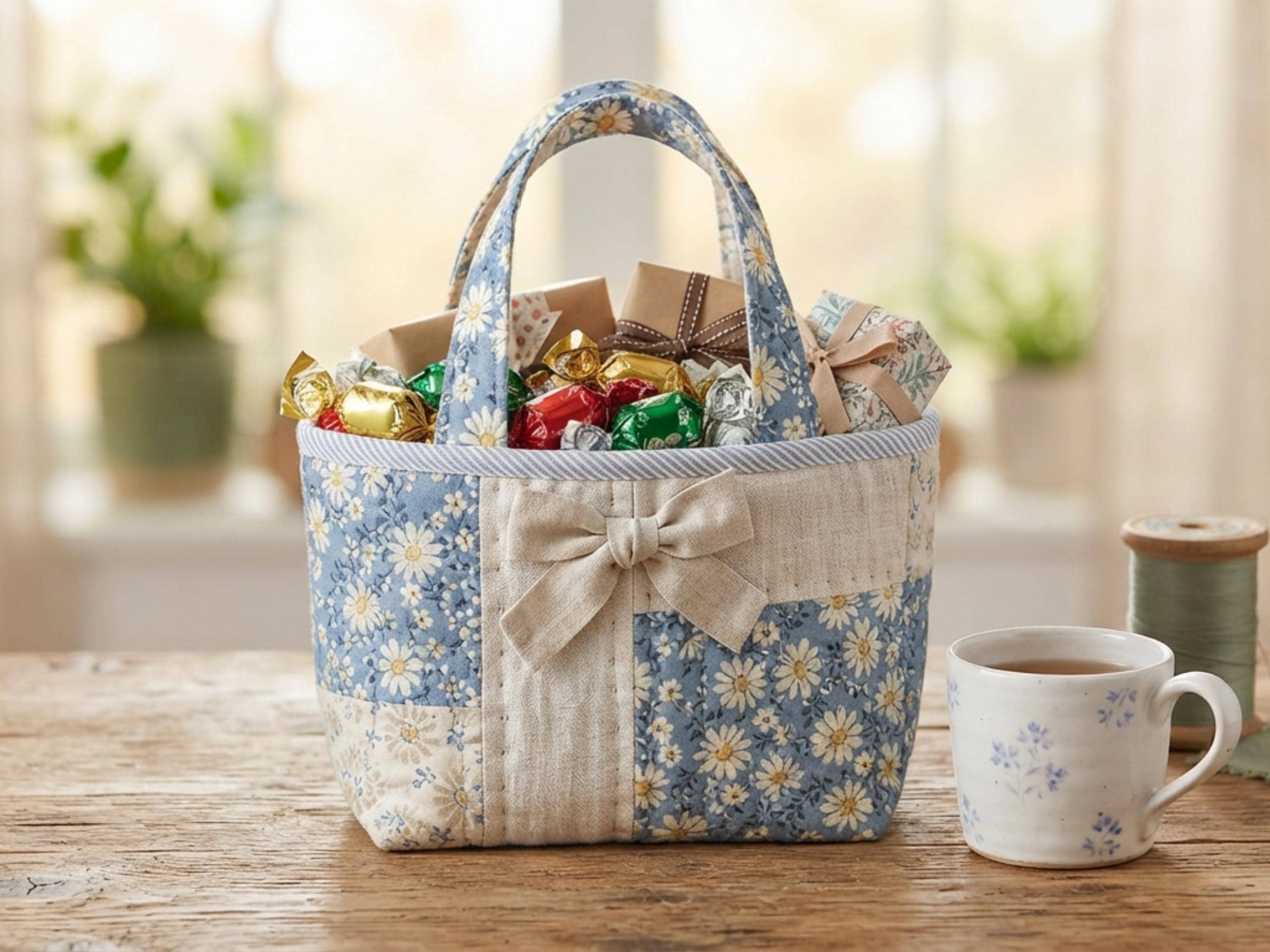 Mini Gift Tote Bag Sewing Pattern | Beginner Box Tote, Patchwork Fabric (PDF Download)