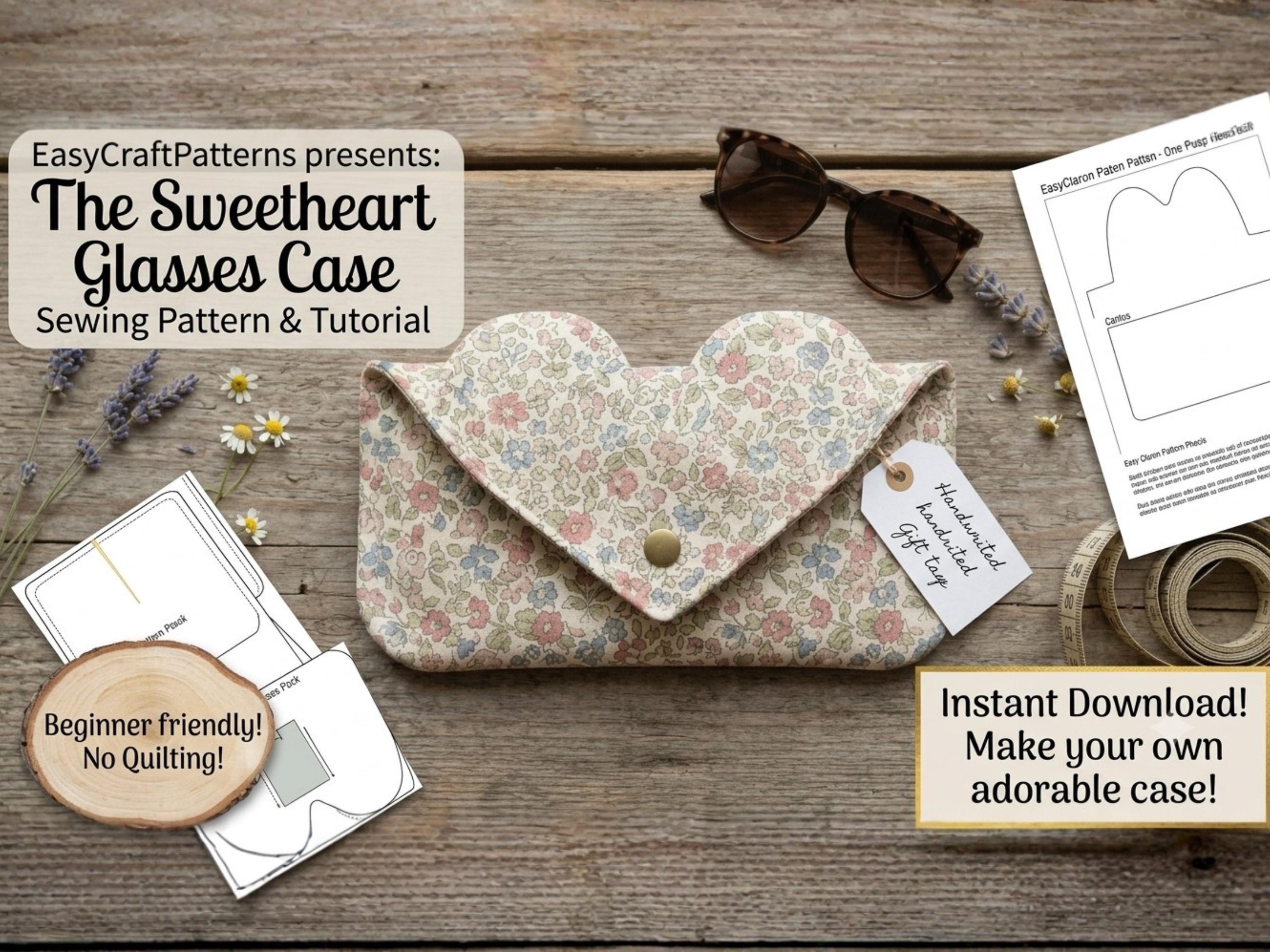 Sweetheart Glasses Case Sewing Pattern, Heart Flap Pouch (PDF Download)