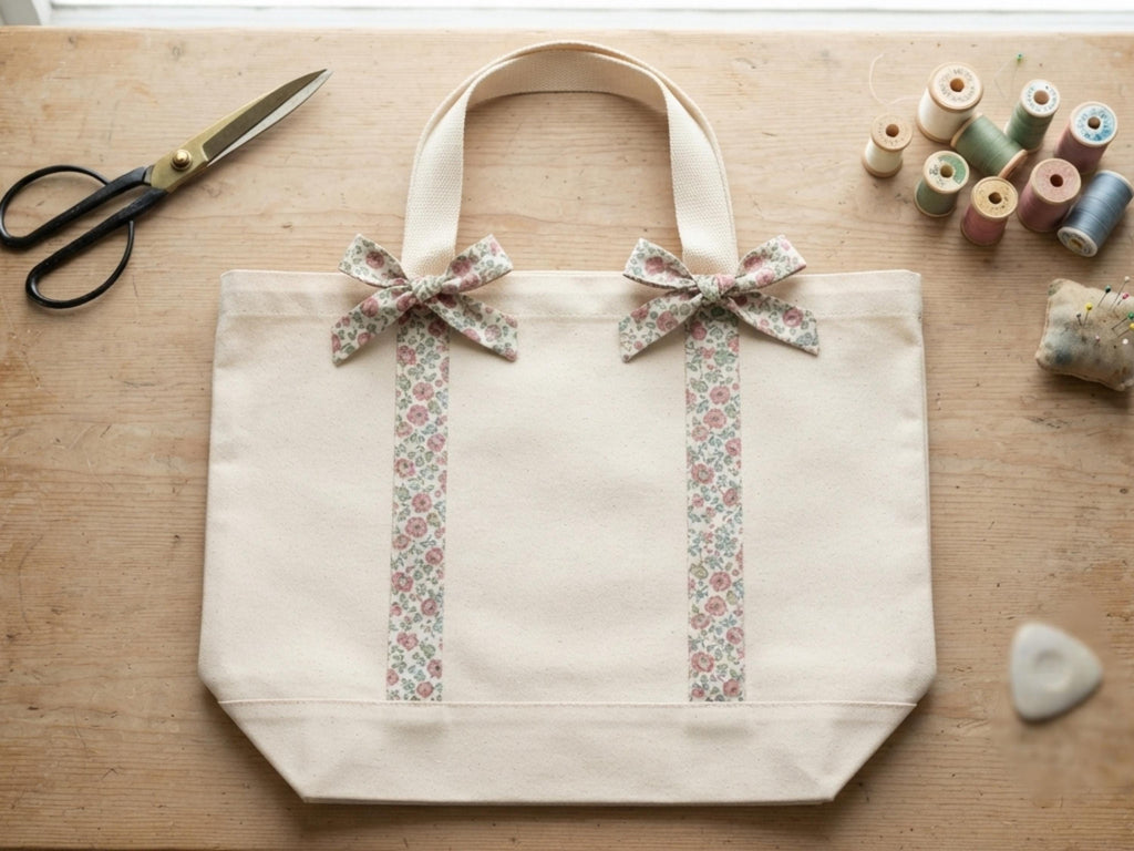 Bow Handle Tote Bag Sewing Pattern PDF | Floral Wrap Tie Canvas Bag | Easy Boxed Base Tote Digital Download