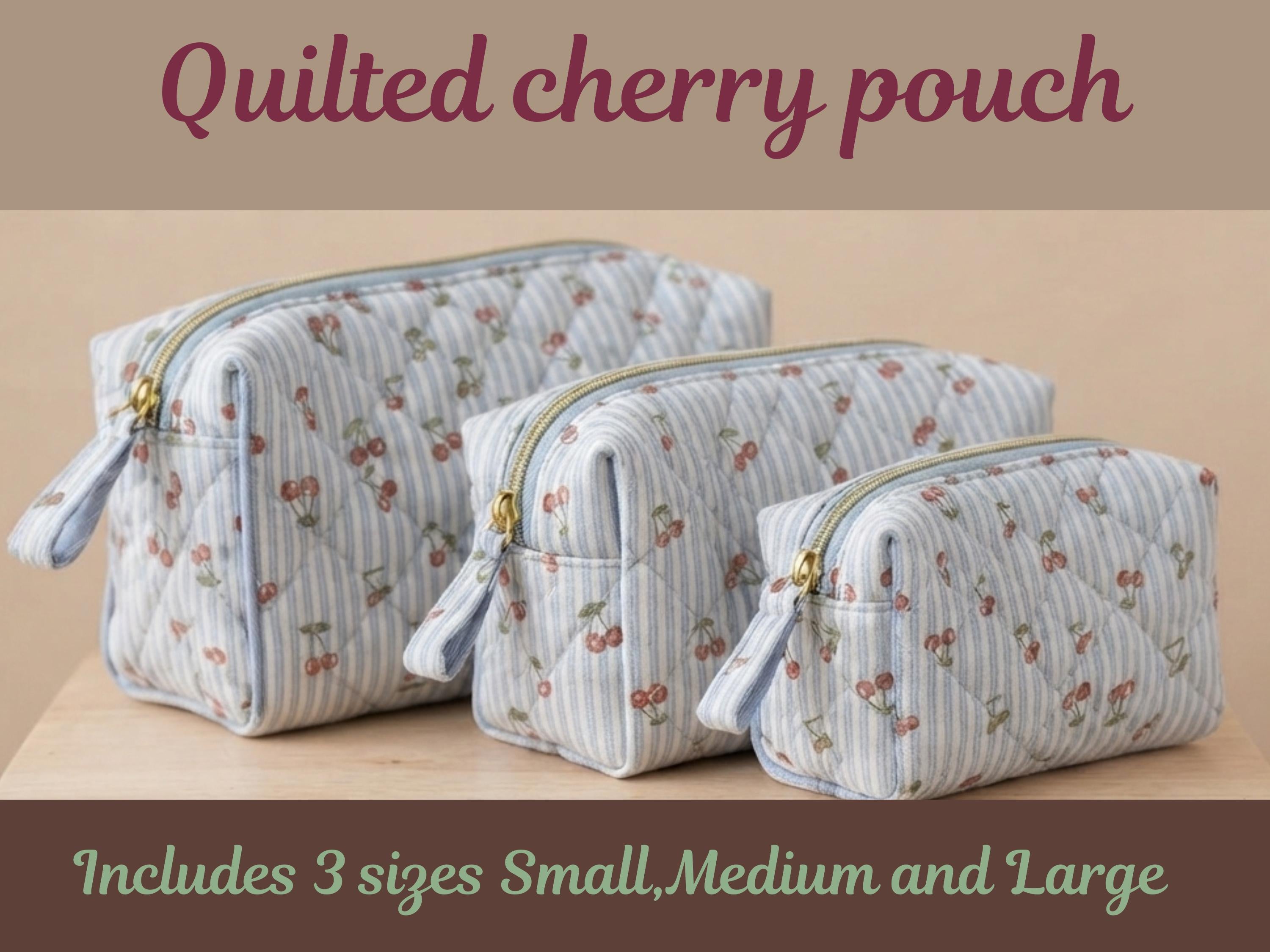 Cosmetic Bag Sewing Pattern PDF | Quilted Zip Pouch 3 Sizes | Cherry Stripe Makeup Bag Digital Download