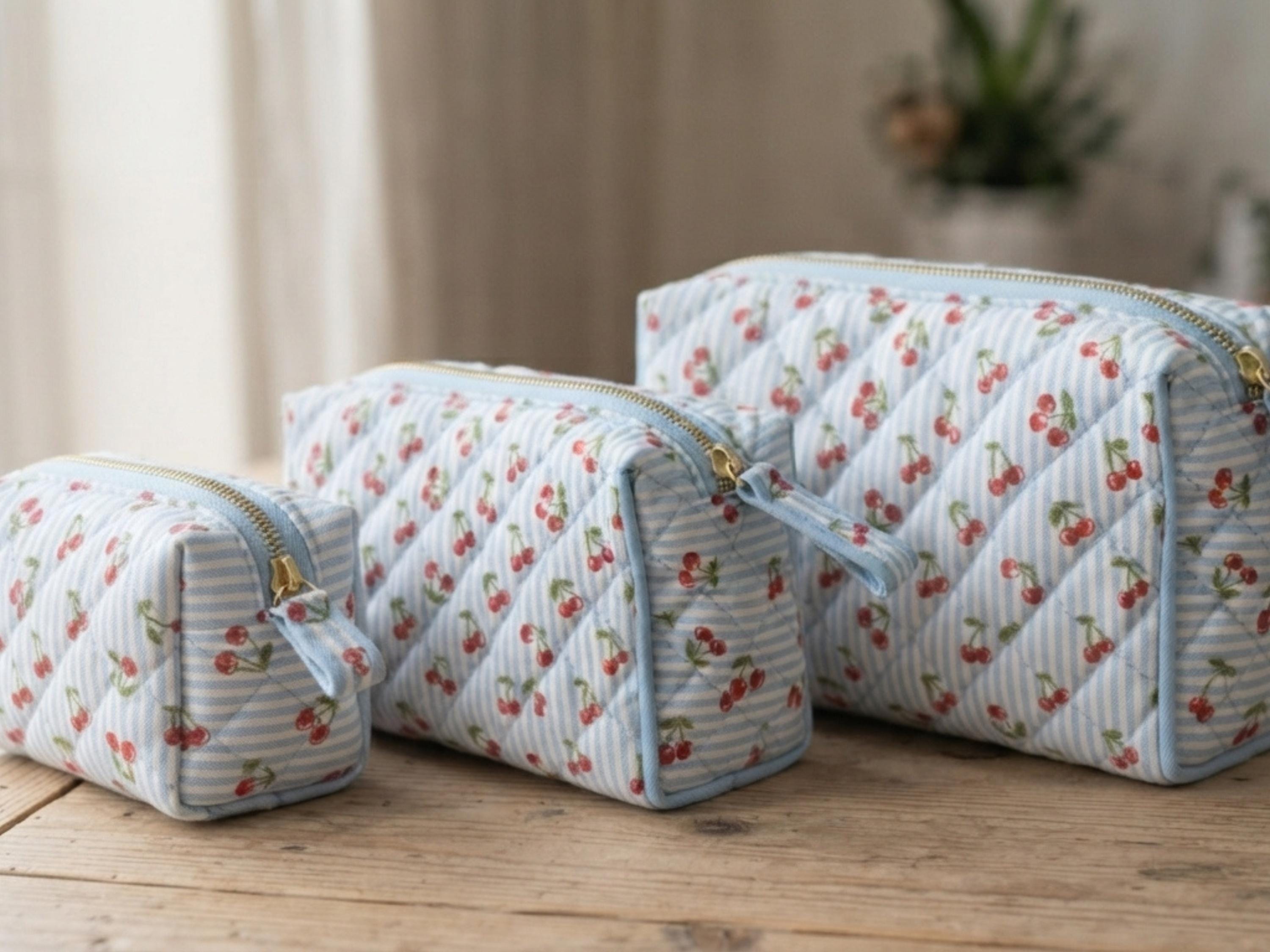 Cosmetic Bag Sewing Pattern PDF | Quilted Zip Pouch 3 Sizes | Cherry Stripe Makeup Bag Digital Download