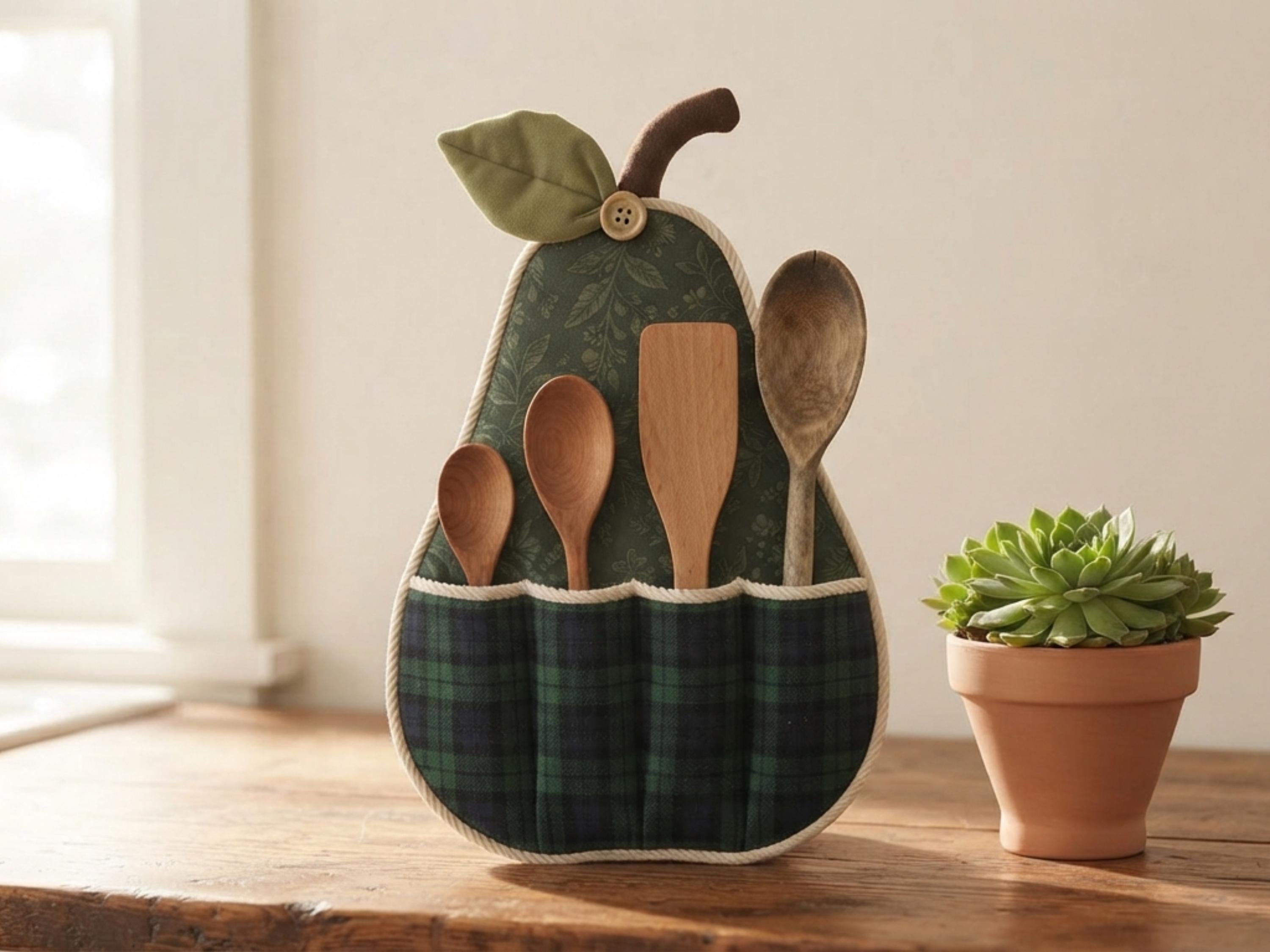 Pear Utensil Holder Sewing Pattern PDF | Kitchen Wall Caddy | Wooden Spoon Organizer Digital Download