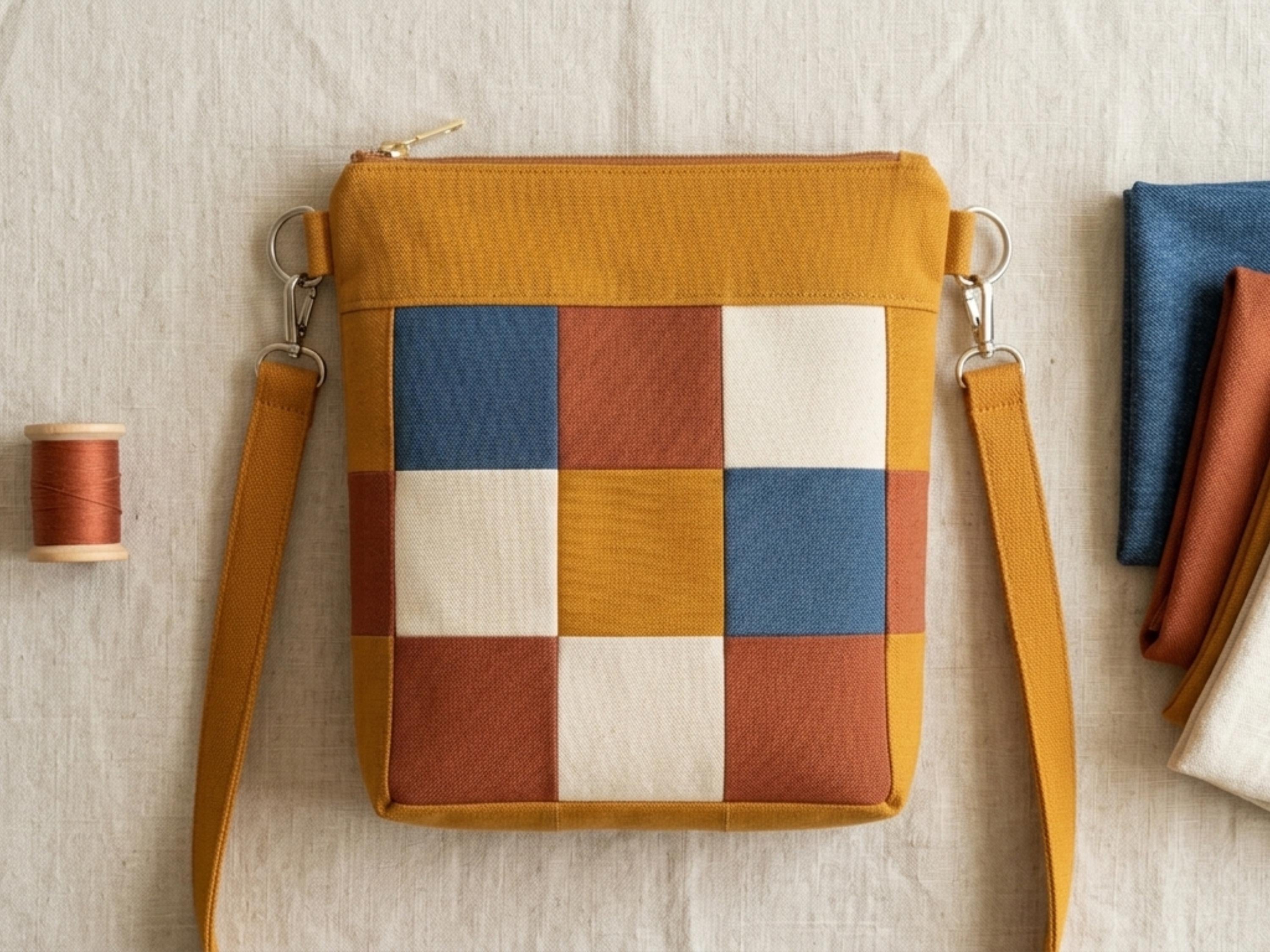 Crossbody Bag Sewing Pattern, Patchwork Zipper Purse, Boxed Corners (Digital Download)