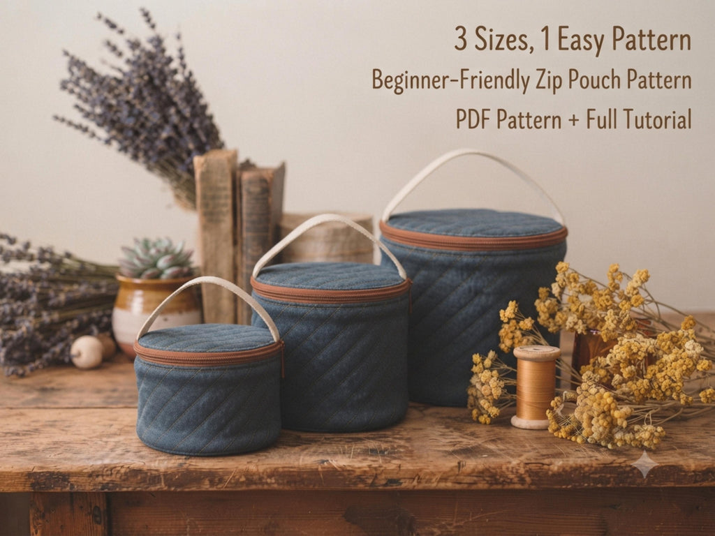 Quilted Round Zip Pouch Sewing Pattern, Beginner Tutorial, 3 Sizes (PDF Download)