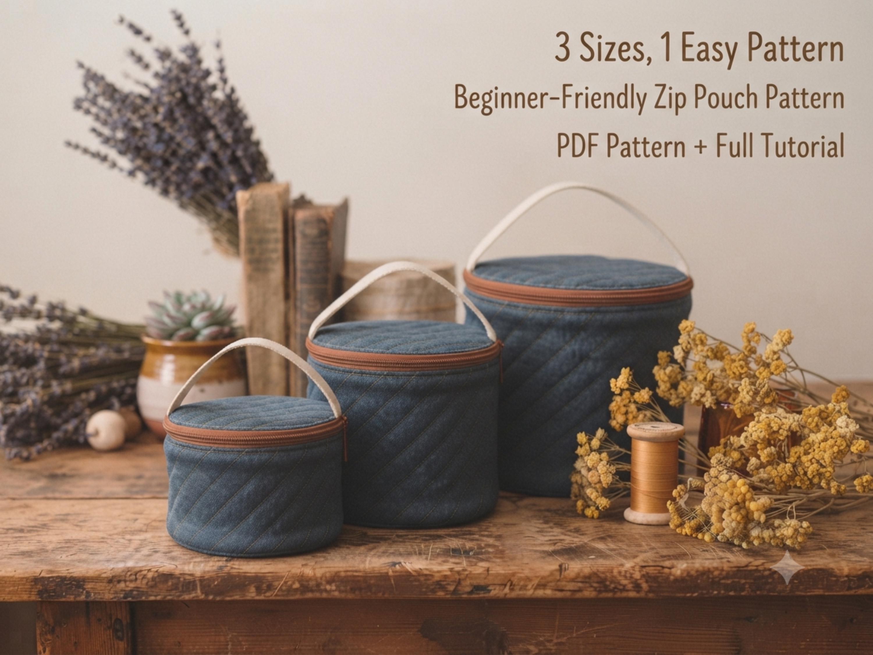 Quilted Round Zip Pouch Sewing Pattern, Beginner Tutorial, 3 Sizes (PDF Download)
