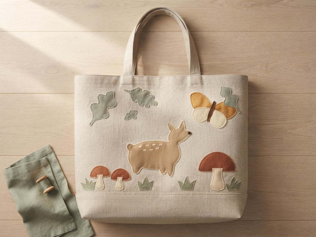 Woodland Applique Tote Bag Sewing Pattern, Fawn Mushroom Butterfly Motif (PDF)