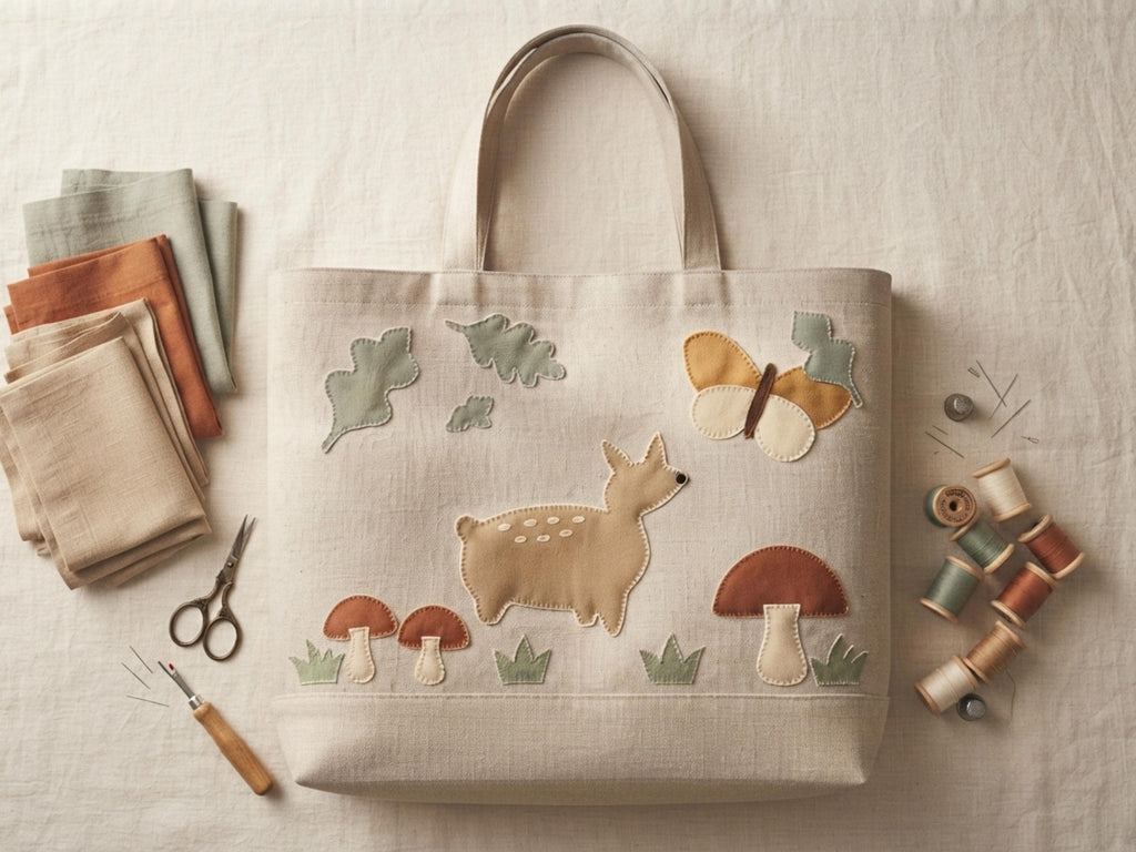 Woodland Applique Tote Bag Sewing Pattern, Fawn Mushroom Butterfly Motif (PDF)