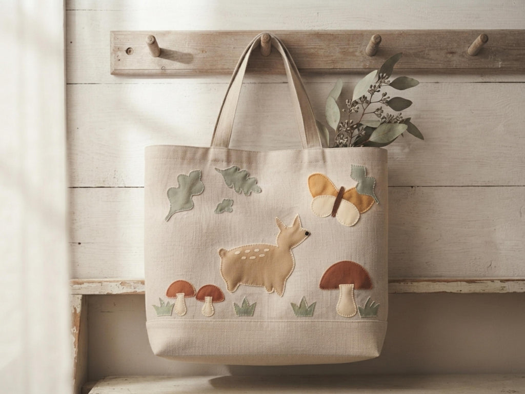 Woodland Applique Tote Bag Sewing Pattern, Fawn Mushroom Butterfly Motif (PDF)