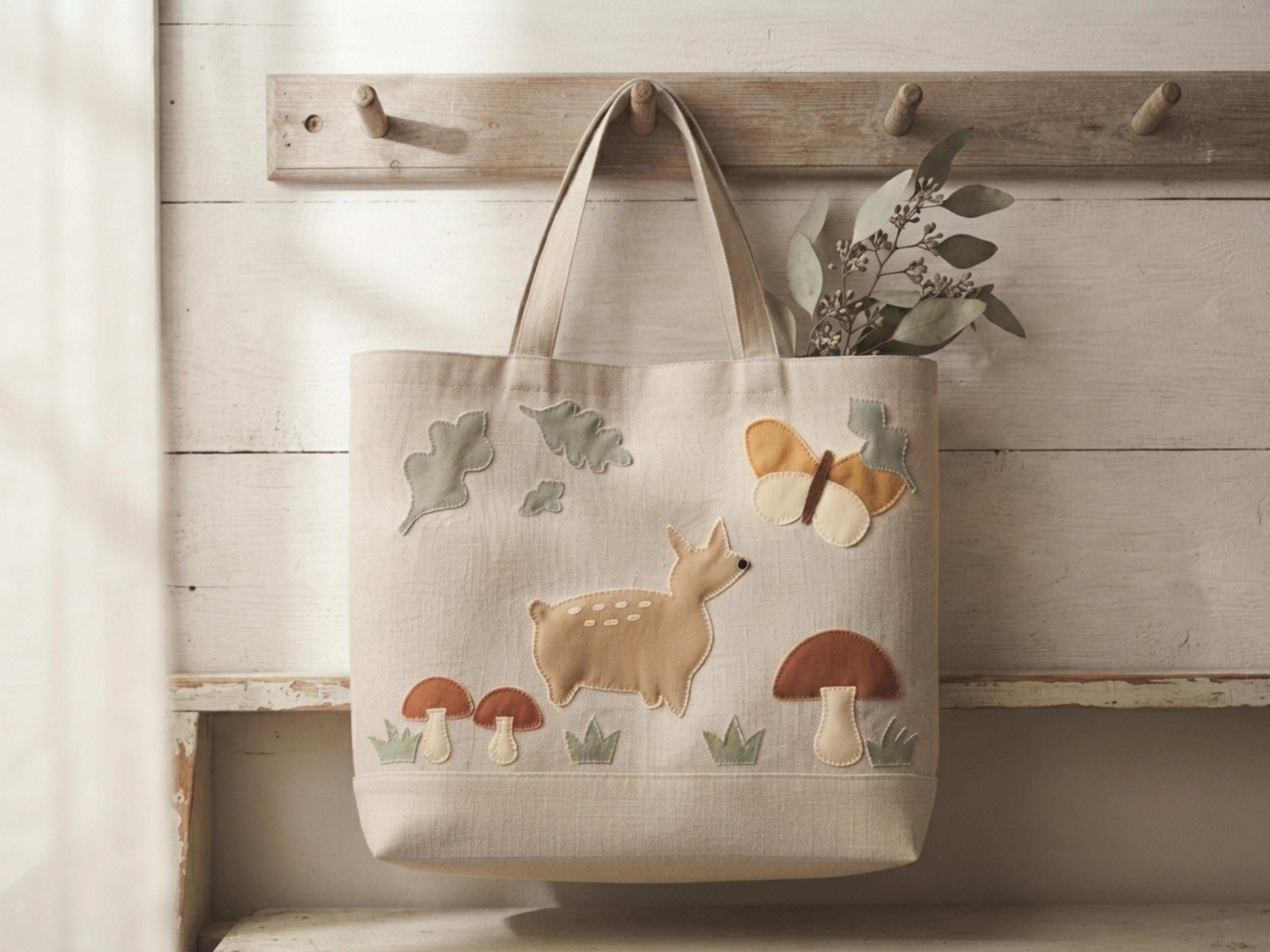 Woodland Applique Tote Bag Sewing Pattern, Fawn Mushroom Butterfly Motif (PDF)