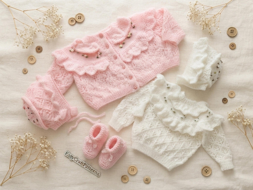 Vintage Baby Girl Knitting Pattern, Frilly Cardigan, Bonnet Set, DK Weight (Digital Download)-Gift for girls birthday-baby shower gift-8ply