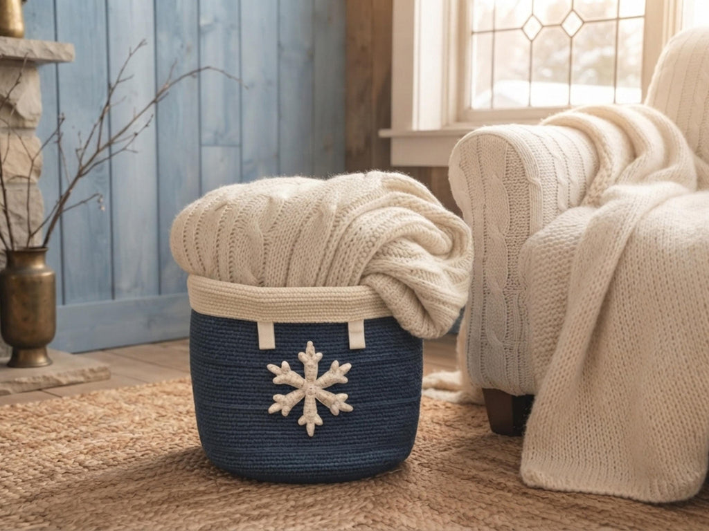 Crochet Snowflake Basket Pattern PDF | Round Storage Basket | Winter Home Decor | Chunky Yarn Basket
