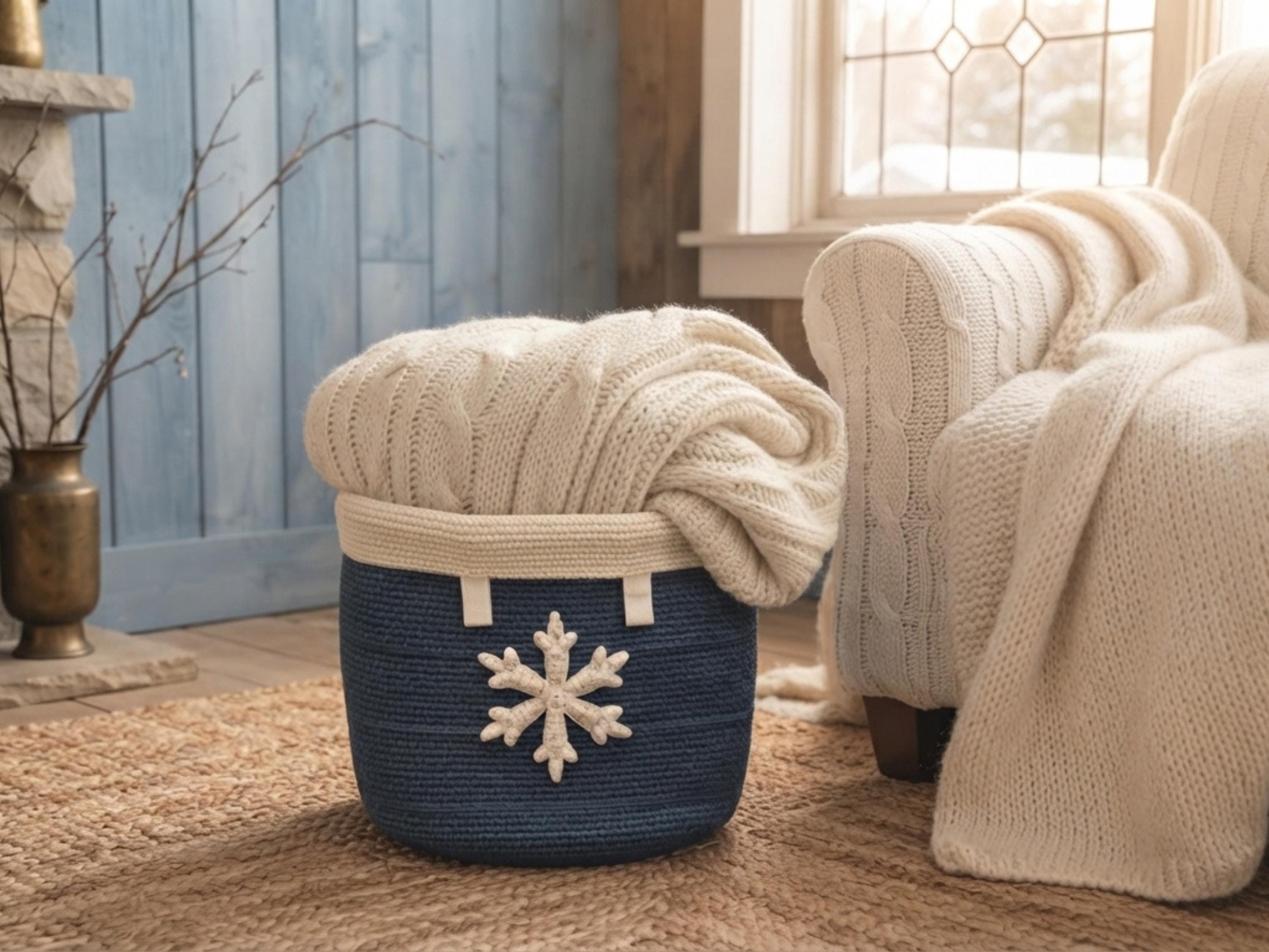 Crochet Snowflake Basket Pattern PDF | Round Storage Basket | Winter Home Decor | Chunky Yarn Basket