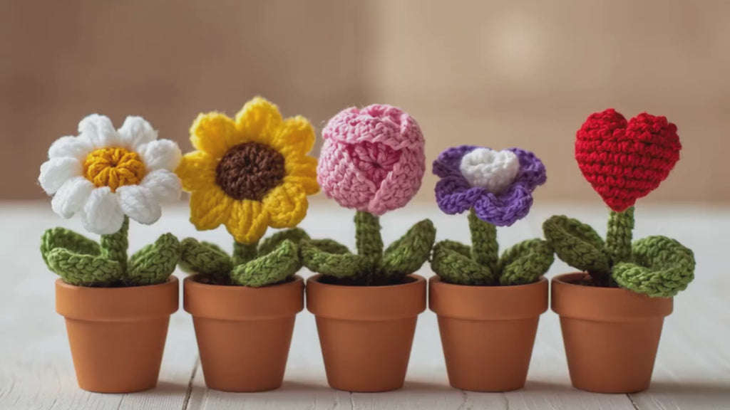 Easy beginner crochet pattern Mini Crochet Flower Pot Patterns Bundle | Daisy, Sunflower, Tulip, Violet, Heart (PDF Download)