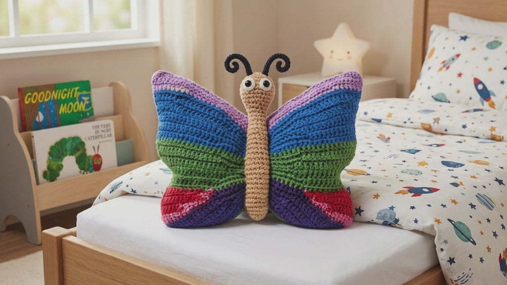 Crochet Butterfly Pillow Pattern – Amigurumi Cushion, 3D Textured Home Décor (PDF)-Adorable Nursery Décor Idea – Handmade Crochet Butterfly Pillow for Kids Bedroom