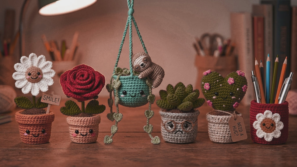Emotional Support Desk Garden Crochet Pattern | 6 Mini Potted Plant Friends PDF | Teacher Office Gift Amigurumi Digital -Crochet planter
