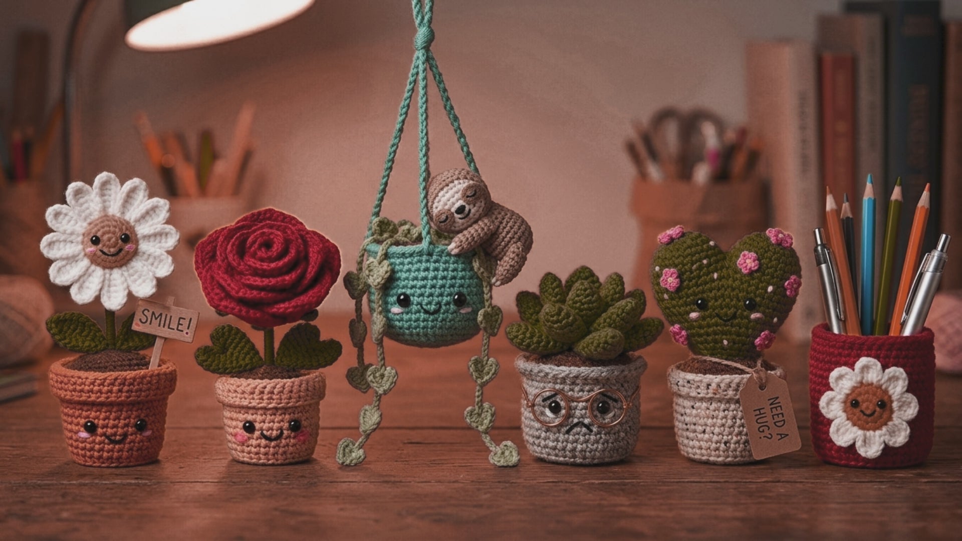 Emotional Support Desk Garden Crochet Pattern | 6 Mini Potted Plant Friends PDF | Teacher Office Gift Amigurumi Digital -Crochet planter
